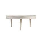 Table basse de 33" en bois de manguier massif, fabriquée à la main, ronde, rainurée, bord surélevé, blanc vieilli