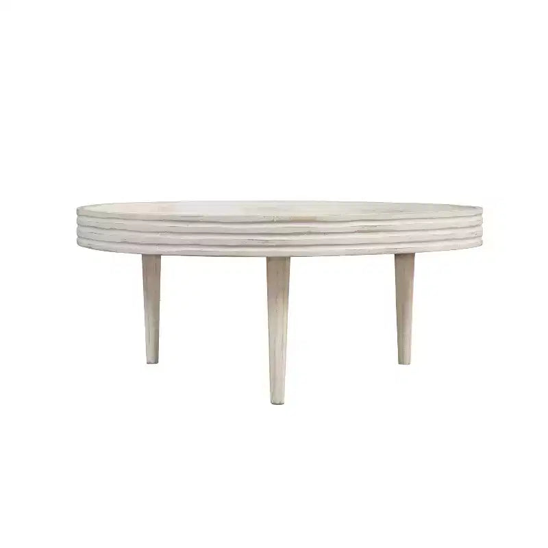 Table basse de 33" en bois de manguier massif, fabriquée à la main, ronde, rainurée, bord surélevé, blanc vieilli