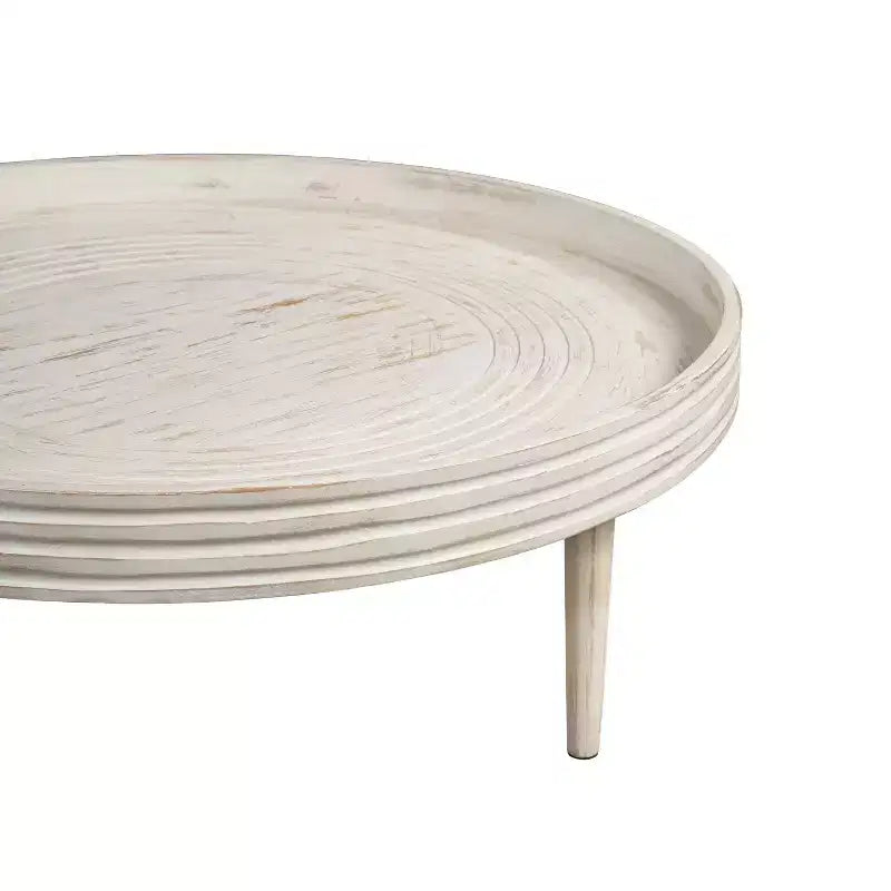 Table basse de 33" en bois de manguier massif, fabriquée à la main, ronde, rainurée, bord surélevé, blanc vieilli