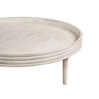 Table basse de 33" en bois de manguier massif, fabriquée à la main, ronde, rainurée, bord surélevé, blanc vieilli