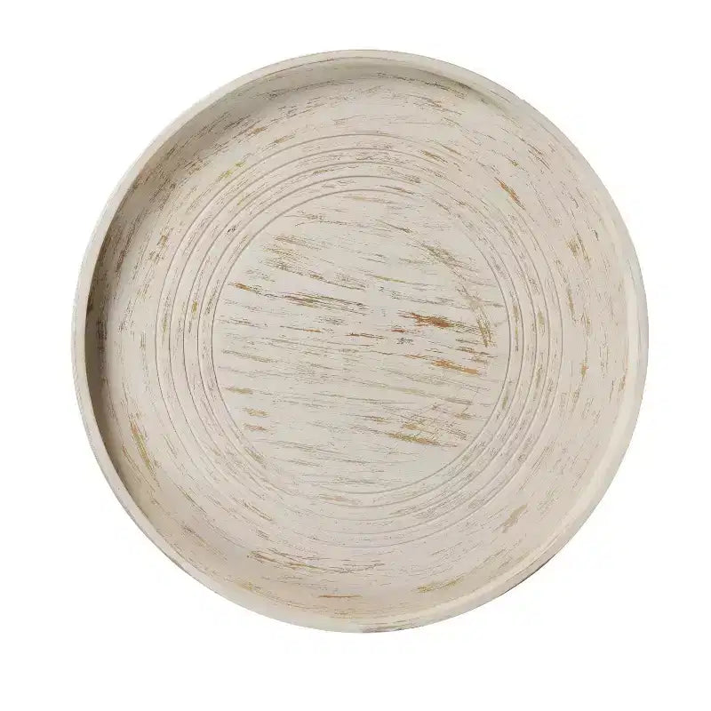 Table basse de 33" en bois de manguier massif, fabriquée à la main, ronde, rainurée, bord surélevé, blanc vieilli