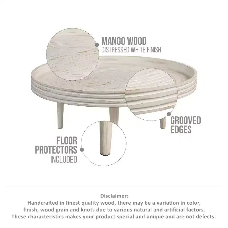Table basse de 33" en bois de manguier massif, fabriquée à la main, ronde, rainurée, bord surélevé, blanc vieilli