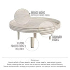 Table basse de 33" en bois de manguier massif, fabriquée à la main, ronde, rainurée, bord surélevé, blanc vieilli