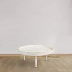 Table basse de 33" en bois de manguier massif, fabriquée à la main, ronde, rainurée, bord surélevé, blanc vieilli