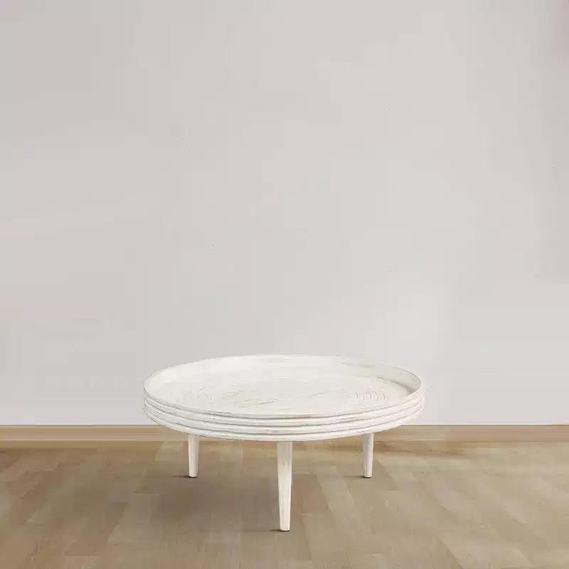 Table basse de 33" en bois de manguier massif, fabriquée à la main, ronde, rainurée, bord surélevé, blanc vieilli