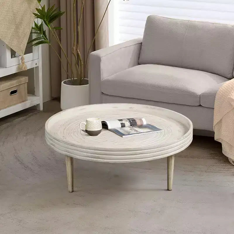 Table basse de 33" en bois de manguier massif, fabriquée à la main, ronde, rainurée, bord surélevé, blanc vieilli