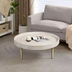Table basse de 33" en bois de manguier massif, fabriquée à la main, ronde, rainurée, bord surélevé, blanc vieilli