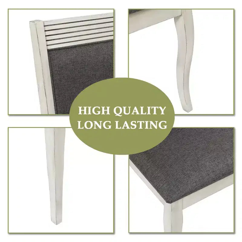 Lot de 2 chaises de salle à manger en hévéa vieilli blanc cassé et tissu gris