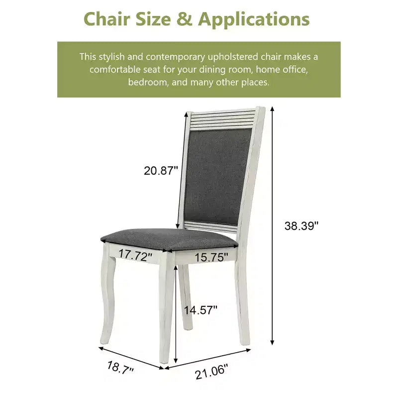 Lot de 2 chaises de salle à manger en hévéa vieilli blanc cassé et tissu gris