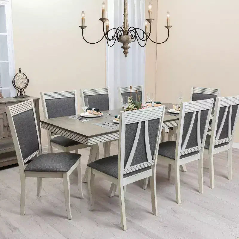 Lot de 2 chaises de salle à manger en hévéa vieilli blanc cassé et tissu gris