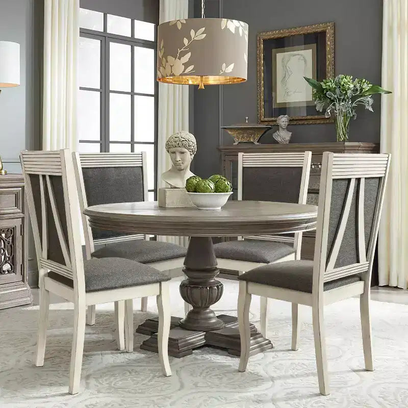 Lot de 2 chaises de salle à manger en hévéa vieilli blanc cassé et tissu gris