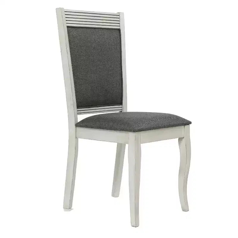 Lot de 2 chaises de salle à manger en hévéa vieilli blanc cassé et tissu gris