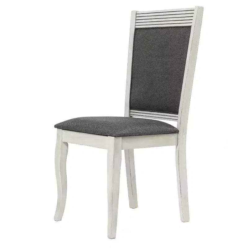 Lot de 2 chaises de salle à manger en hévéa vieilli blanc cassé et tissu gris