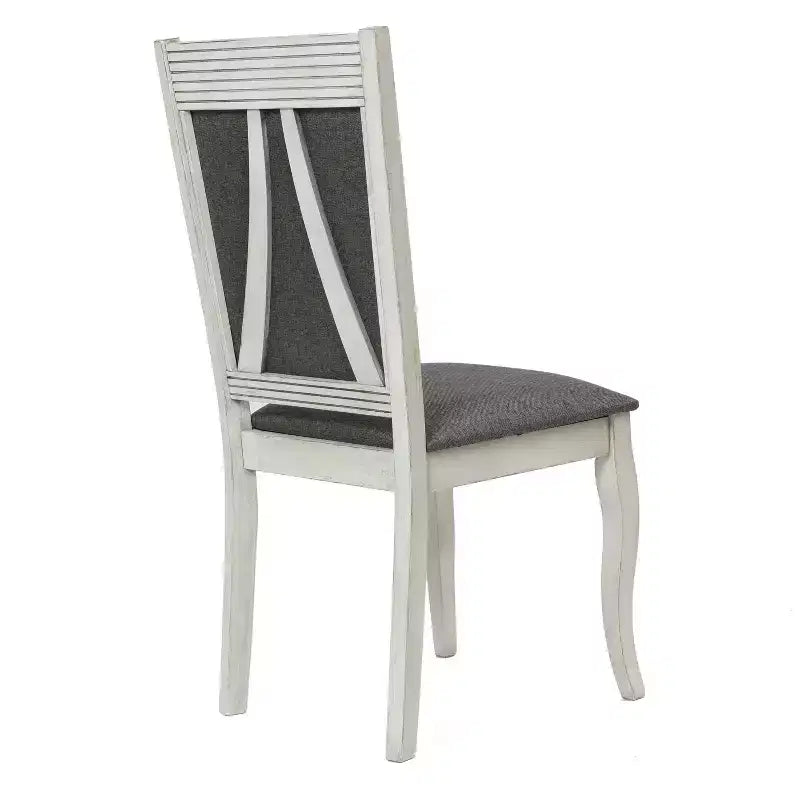 Lot de 2 chaises de salle à manger en hévéa vieilli blanc cassé et tissu gris