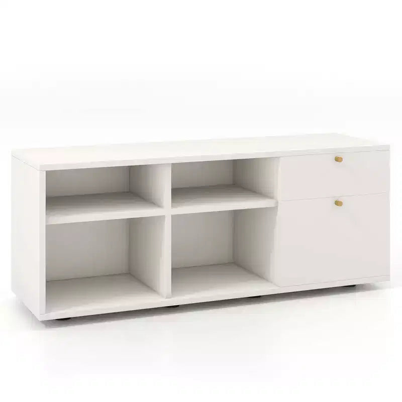 Meuble de rangement avec 2 tiroirs, 4 casiers et pieds réglables, Meuble de présentation au sol blanc