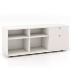 Meuble de rangement avec 2 tiroirs, 4 casiers et pieds réglables, Meuble de présentation au sol blanc