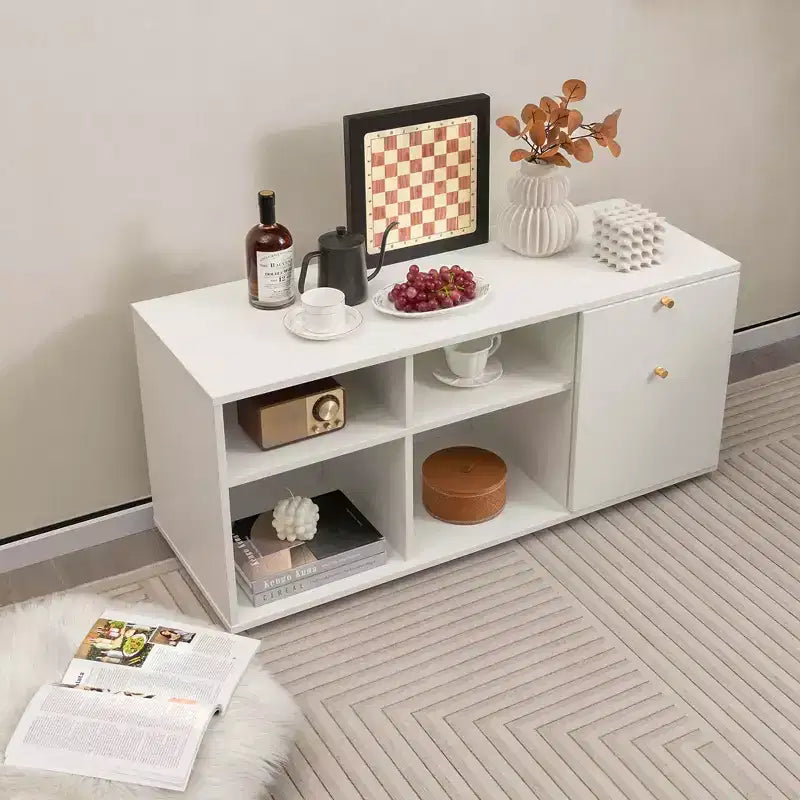 Meuble de rangement avec 2 tiroirs, 4 casiers et pieds réglables, Meuble de présentation au sol blanc