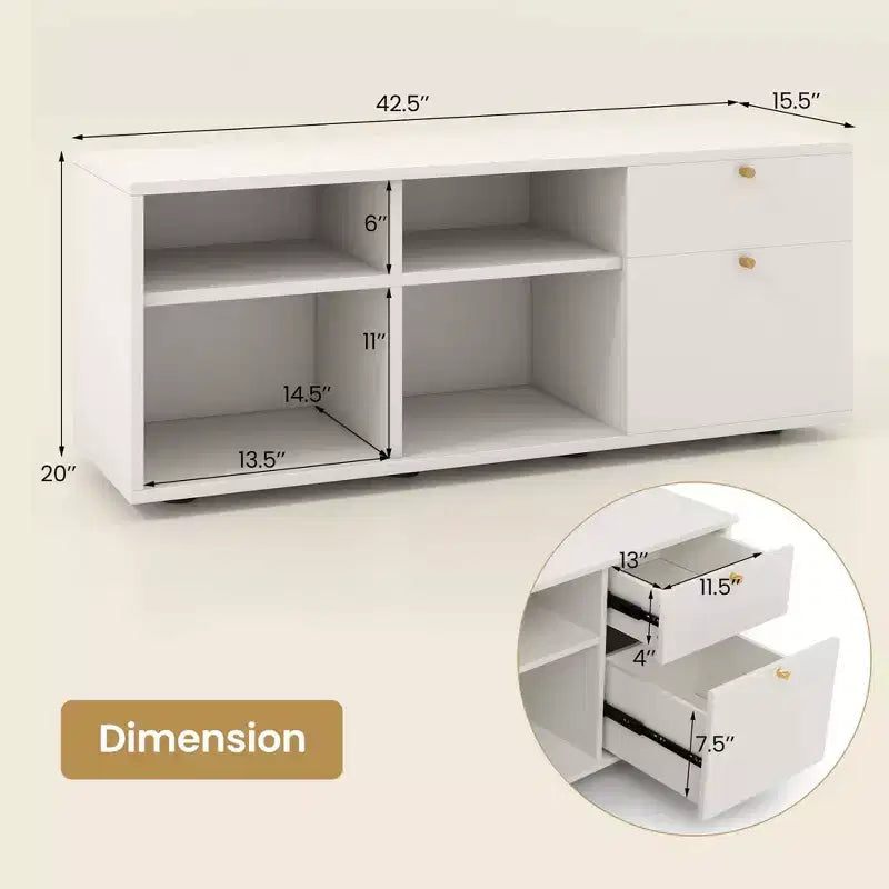 Meuble de rangement avec 2 tiroirs, 4 casiers et pieds réglables, Meuble de présentation au sol blanc