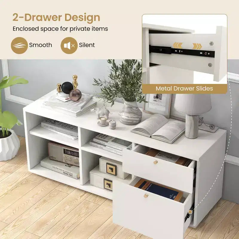Meuble de rangement avec 2 tiroirs, 4 casiers et pieds réglables, Meuble de présentation au sol blanc
