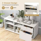 Meuble de rangement avec 2 tiroirs, 4 casiers et pieds réglables, Meuble de présentation au sol blanc