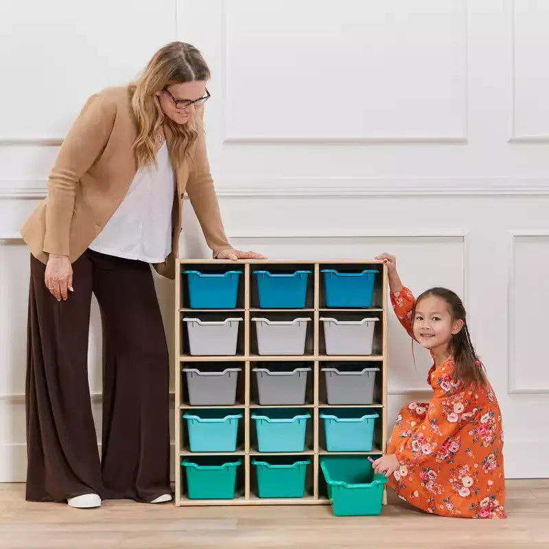 Meuble de rangement 15 casiers Streamline avec 15 bacs à ouverture frontale, 5x3, mobilier pour enfants