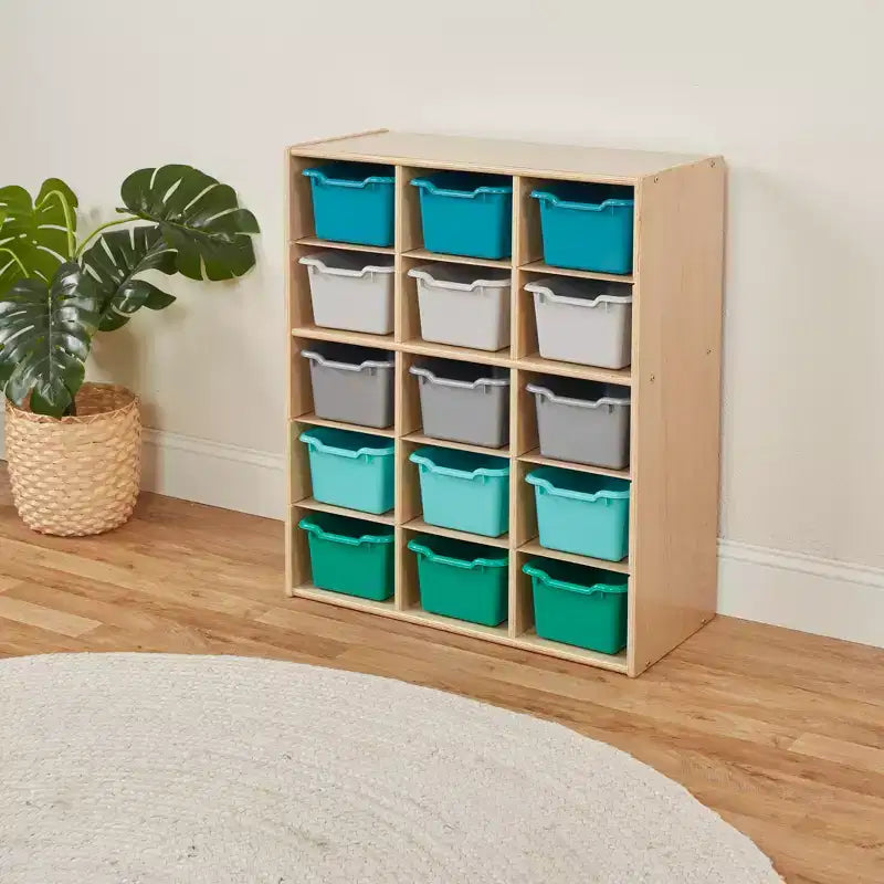 Meuble de rangement 15 casiers Streamline avec 15 bacs à ouverture frontale, 5x3, mobilier pour enfants