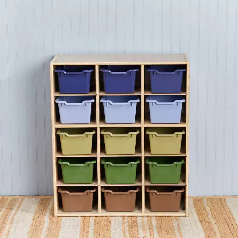 Meuble de rangement 15 casiers Streamline avec 15 bacs à ouverture frontale, 5x3, mobilier pour enfants