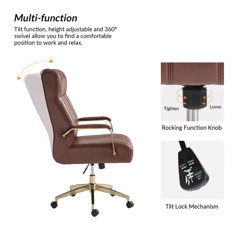 Chaise de bureau moderne en cuir pivotante et inclinable avec capitonnage en canal.
