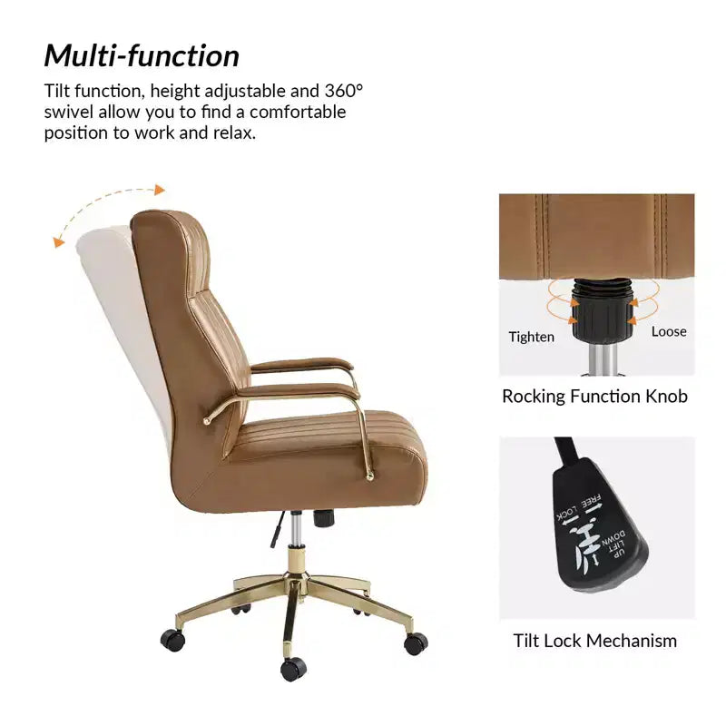 Chaise de bureau moderne en cuir pivotante et inclinable avec capitonnage en canal.