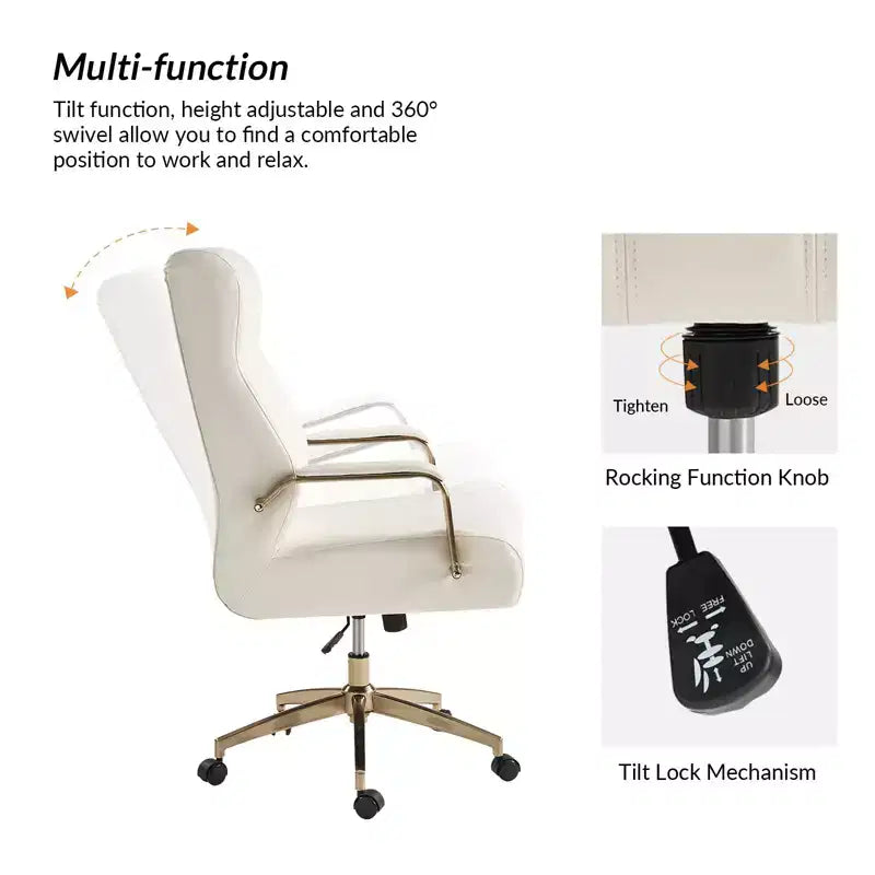 Chaise de bureau moderne en cuir pivotante et inclinable avec capitonnage en canal.