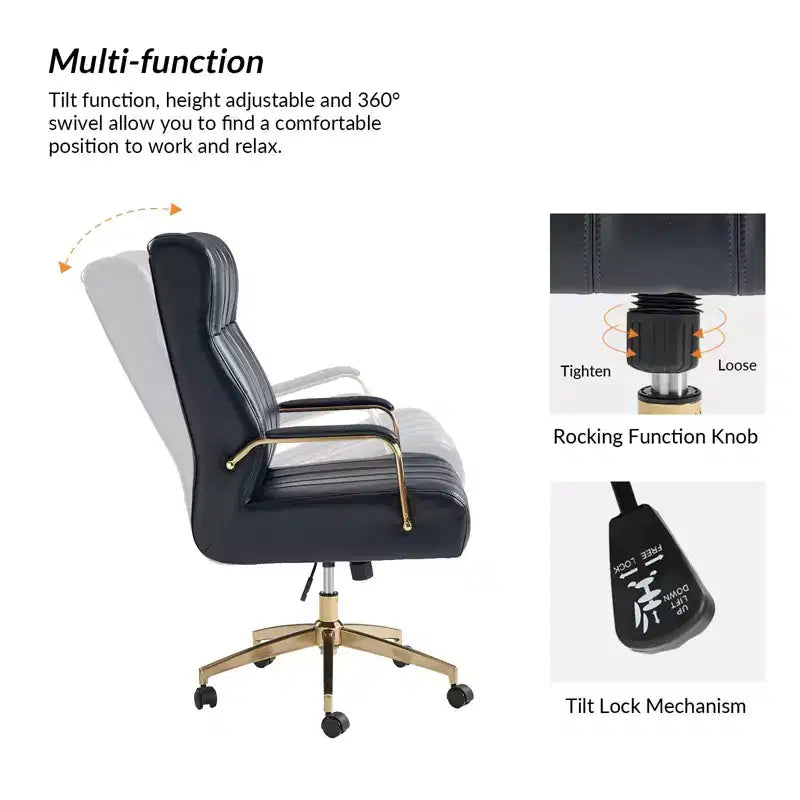 Chaise de bureau moderne en cuir pivotante et inclinable avec capitonnage en canal.