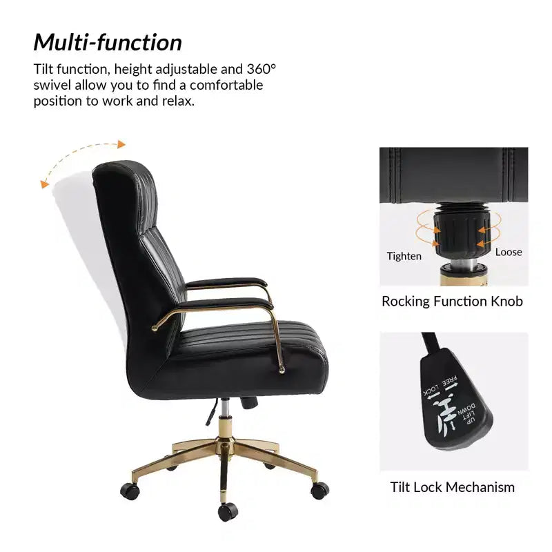 Chaise de bureau moderne en cuir pivotante et inclinable avec capitonnage en canal.