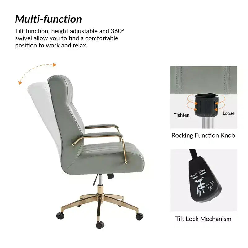 Chaise de bureau moderne en cuir pivotante et inclinable avec capitonnage en canal.