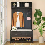 Famapy Wood 3-in-1 Hall Tree with 4-Metal Hooks Storage Bench