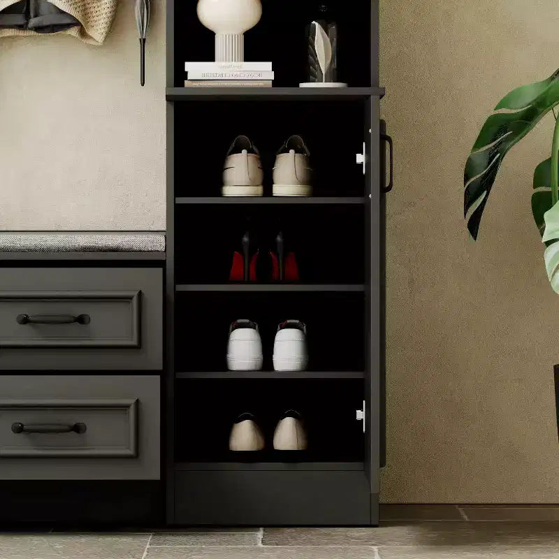 Armoire vestiaire noire à 6 portes avec banc, tringles et crochets