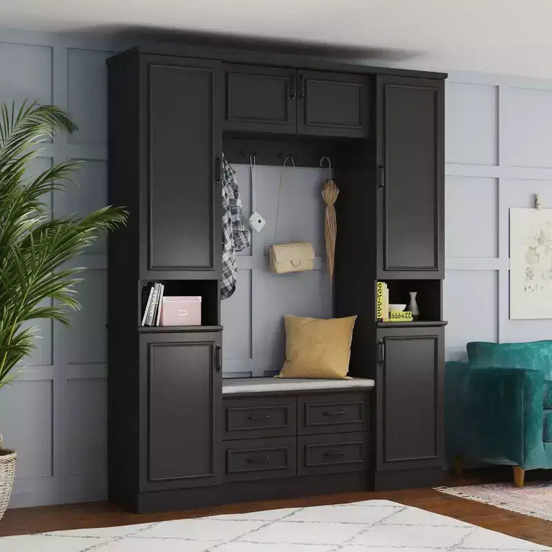 Armoire vestiaire noire à 6 portes avec banc, tringles et crochets