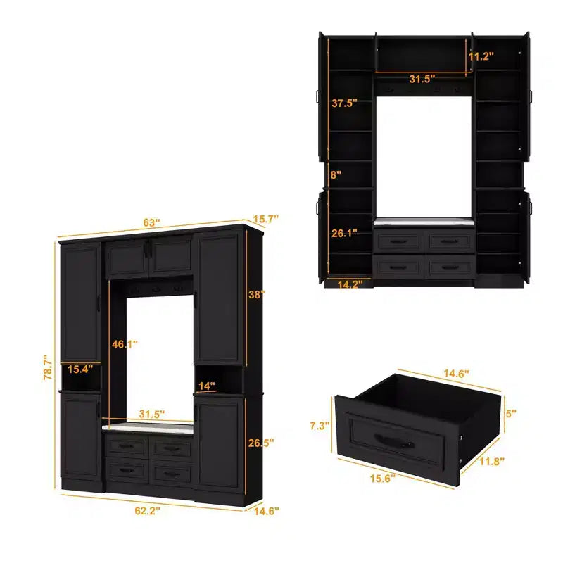 Armoire vestiaire noire à 6 portes avec banc, tringles et crochets