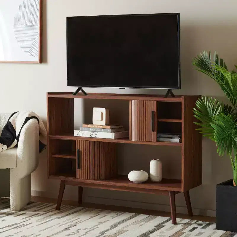 Meuble TV à rideaux coulissants – Console TV avec rangement à portes coulissantes