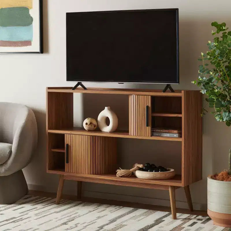 Meuble TV à rideaux coulissants – Console TV avec rangement à portes coulissantes
