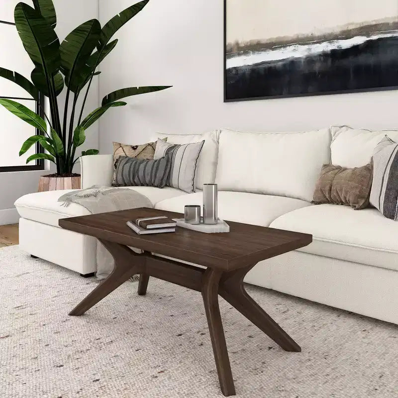 Table basse rectangulaire en bois massif avec pieds en croix, 102 cm pour le salon
