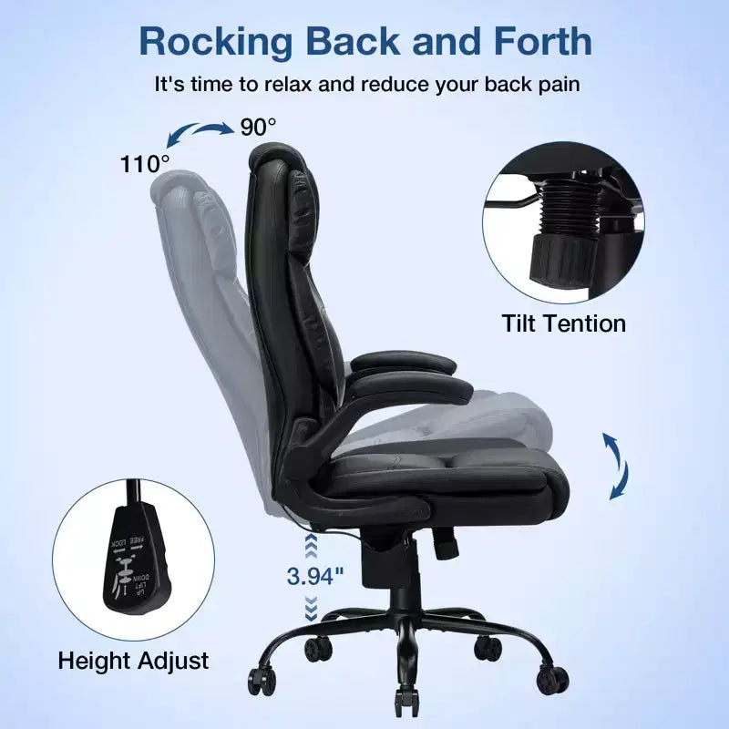 Fauteuil de bureau ergonomique inclinable en cuir avec soutien lombaire gonflable et accoudoir